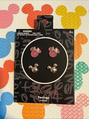 NWT** Disney Pink Glitter and Gold Mickey Stud Earrings - 2 Pair Set
